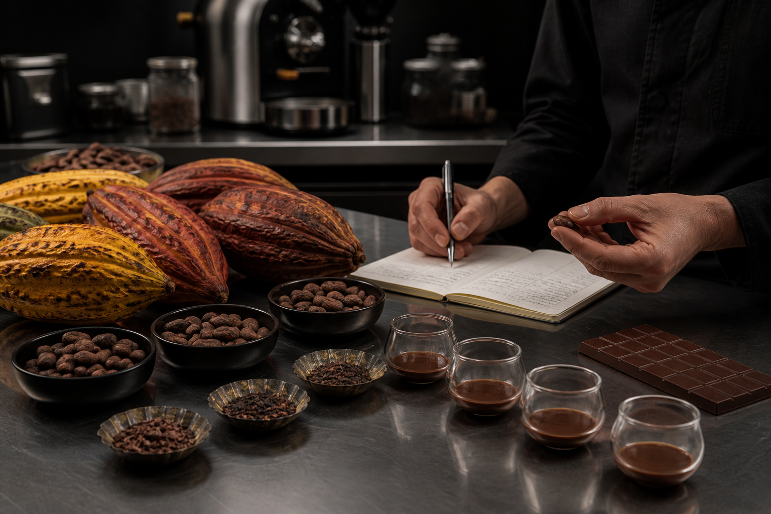 A cacao specialist comparing beans and recording a custom formulation in a dark product-development workshop