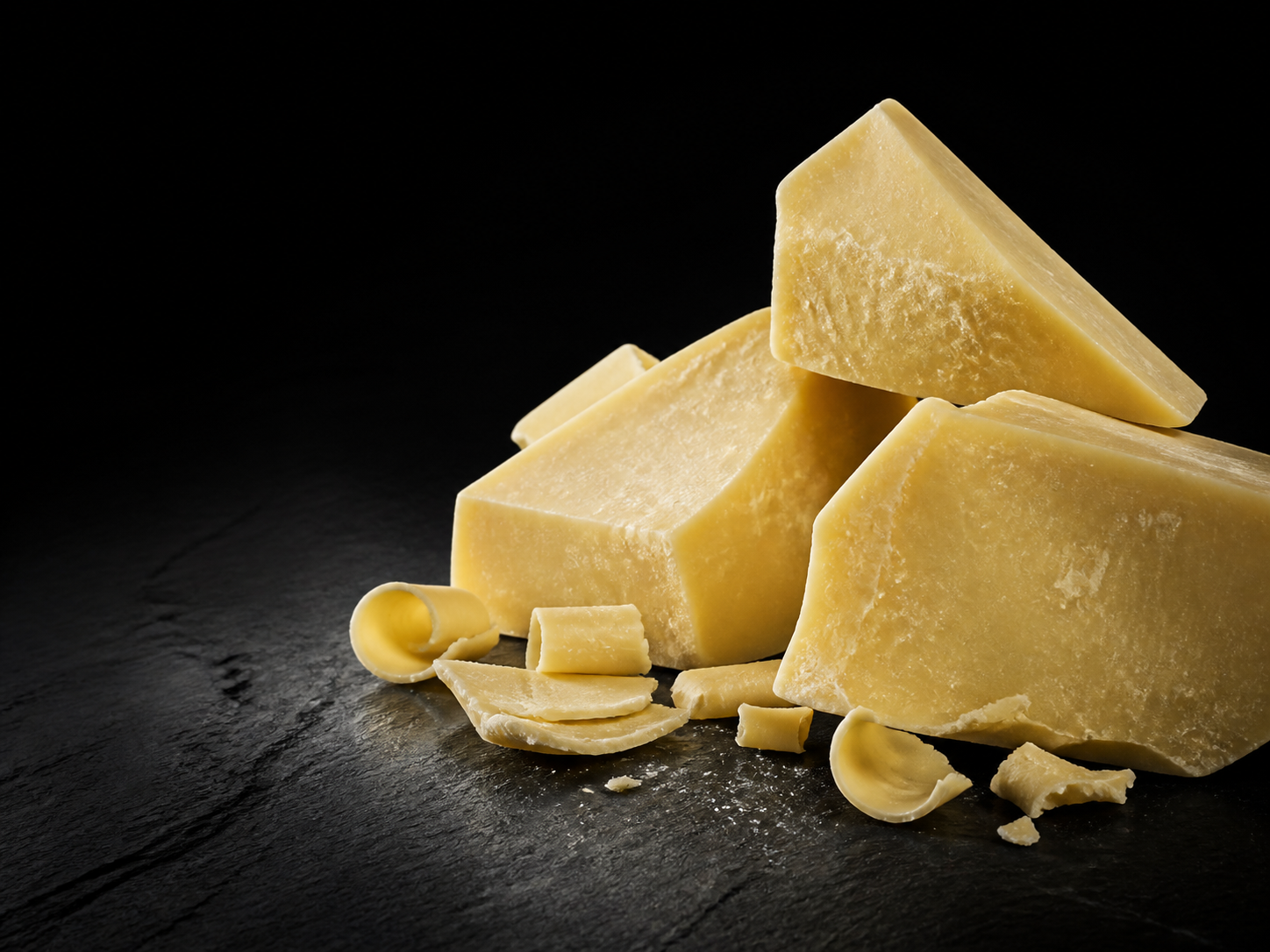Pale golden solid blocks and curls of pure cacao butter