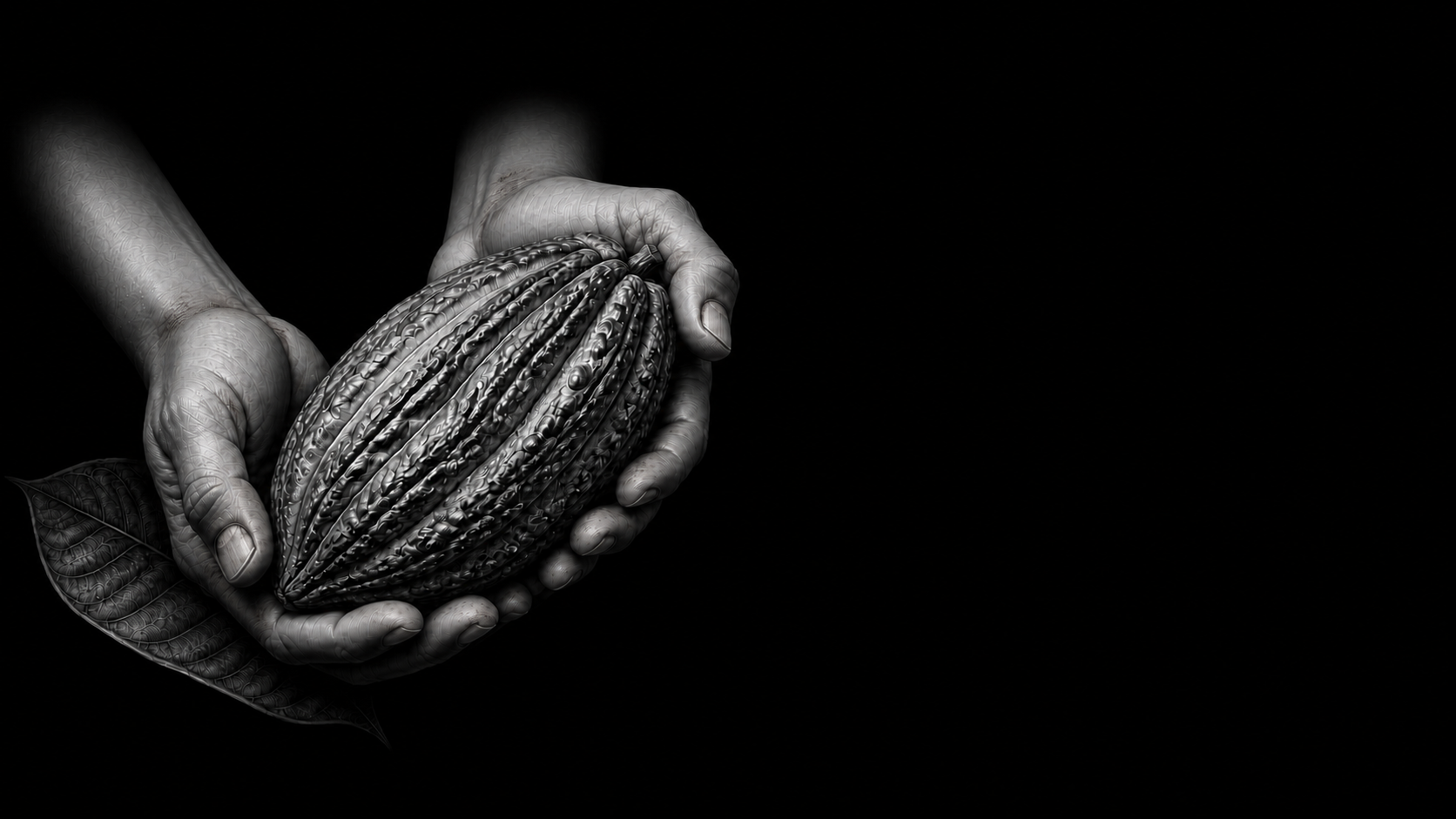White charcoal illustration of a cacao producer's hands holding a ripe cacao pod