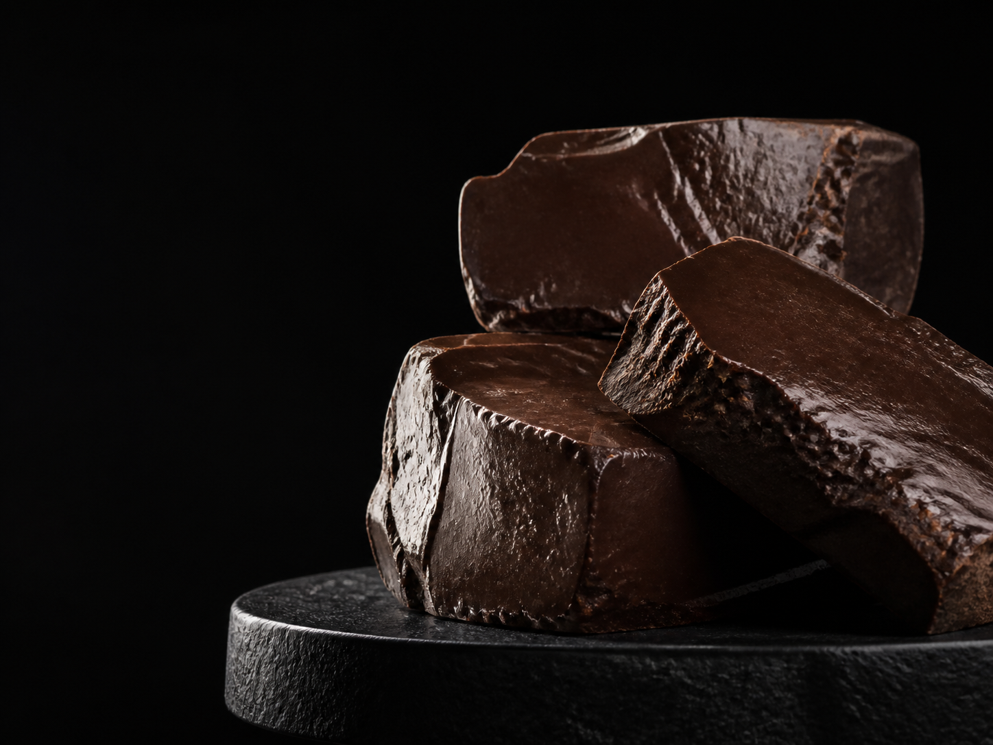 Dense glossy blocks of pure cacao paste on a black surface