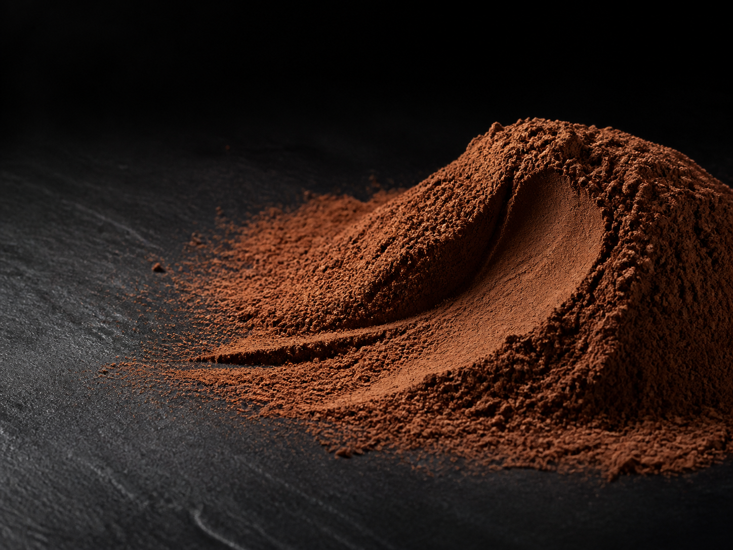 Fine dark cacao powder sculpted on a black surface