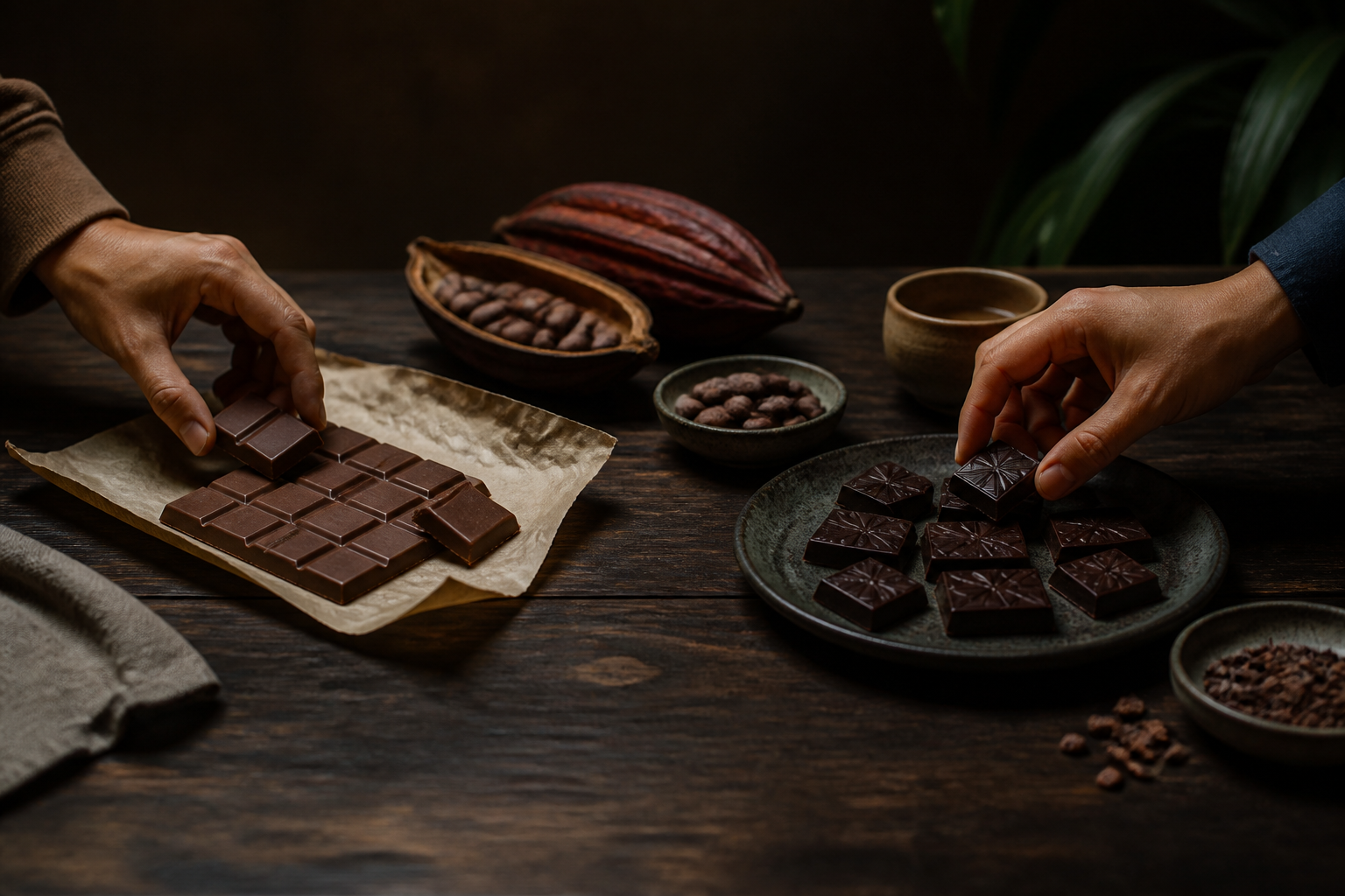 Two people choosing between familiar milk chocolate and artisan dark chocolate on the same table