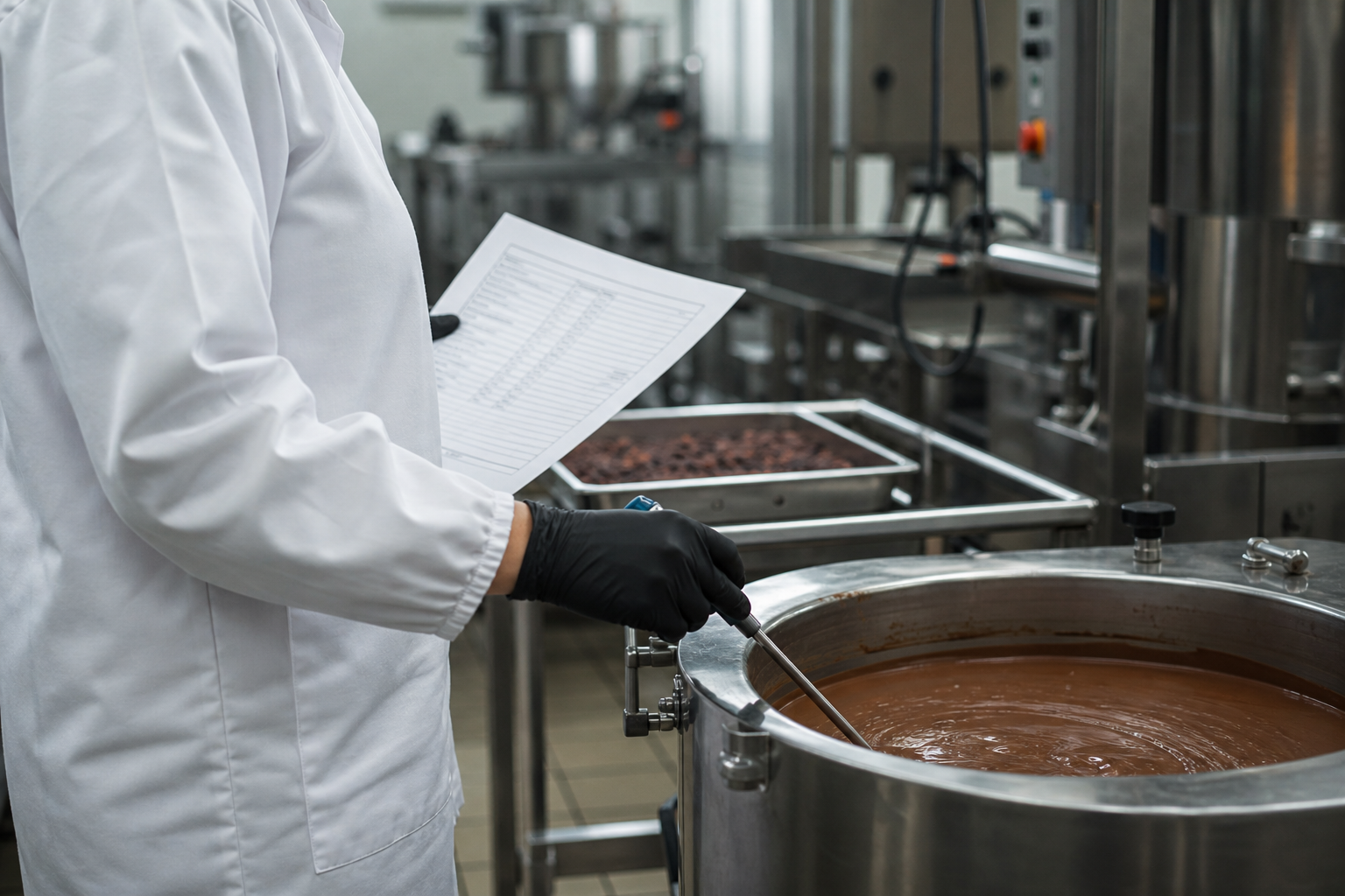 A food-safety specialist inspecting liquid chocolate inside a clean production facility