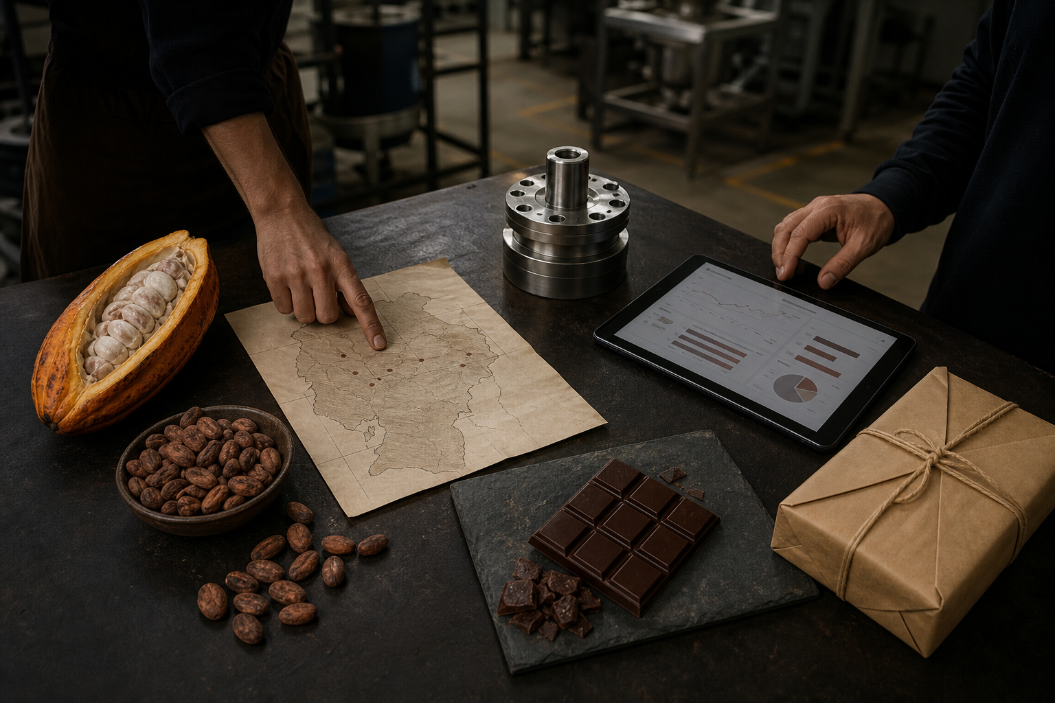 Two collaborators reviewing cacao origin, production data, custom machinery, chocolate, and export preparation